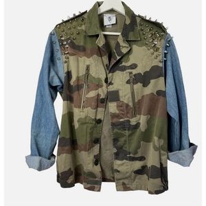 Lush, Upcycled Studded Camouflage, Cotton Chambray Denim Street Style Ja…